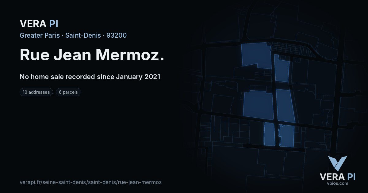 Rue Jean Mermoz, Saint-Denis at night – every parcel coloured by the prices around it, the street's own parcels lit