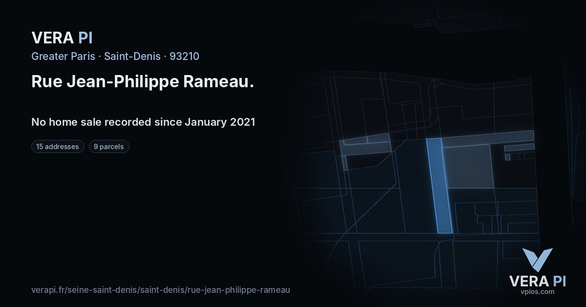 Rue Jean-Philippe Rameau, Saint-Denis at night – every parcel coloured by the prices around it, the street's own parcels lit