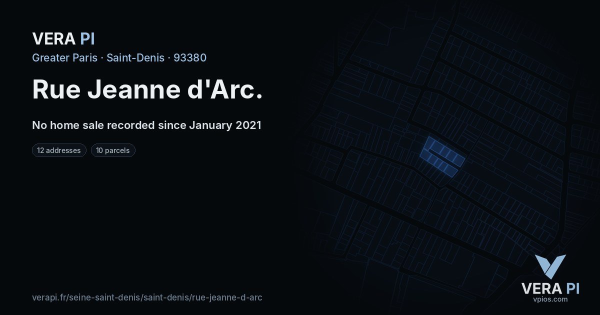 Rue Jeanne d'Arc, Saint-Denis at night – every parcel coloured by the prices around it, the street's own parcels lit