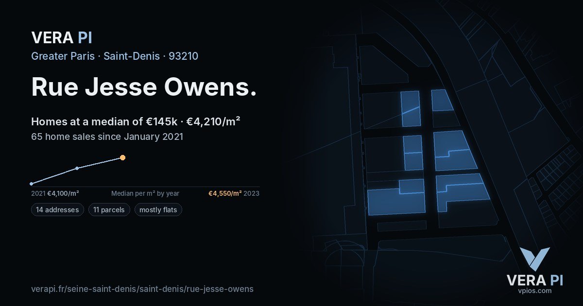 Rue Jesse Owens, Saint-Denis at night – every parcel coloured by the prices around it, the street's own parcels lit