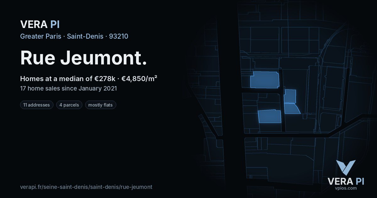 Rue Jeumont, Saint-Denis at night – every parcel coloured by the prices around it, the street's own parcels lit
