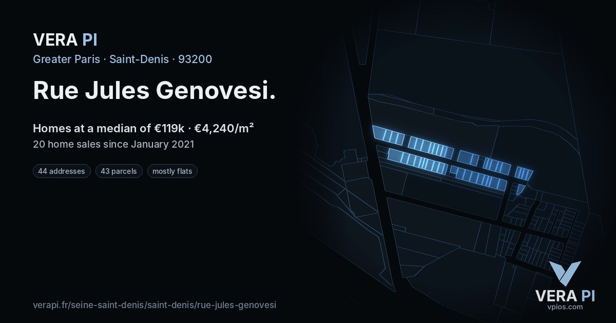 Rue Jules Genovesi, Saint-Denis at night – every parcel coloured by the prices around it, the street's own parcels lit