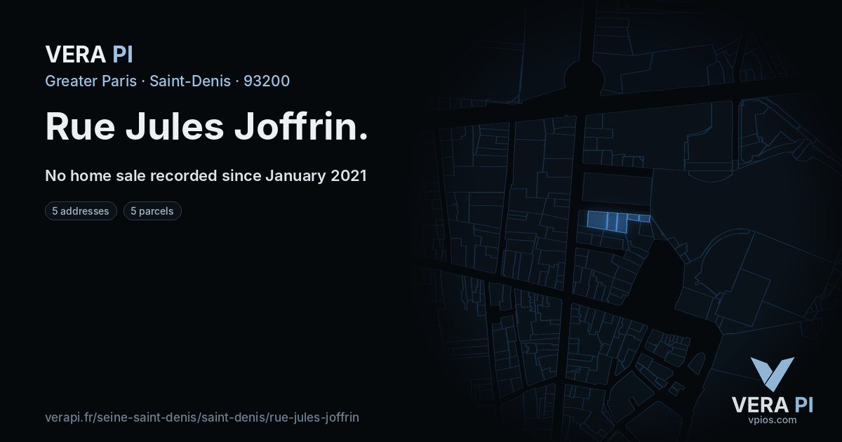 Rue Jules Joffrin, Saint-Denis at night – every parcel coloured by the prices around it, the street's own parcels lit