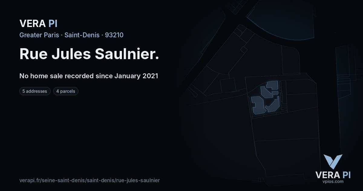 Rue Jules Saulnier, Saint-Denis at night – every parcel coloured by the prices around it, the street's own parcels lit