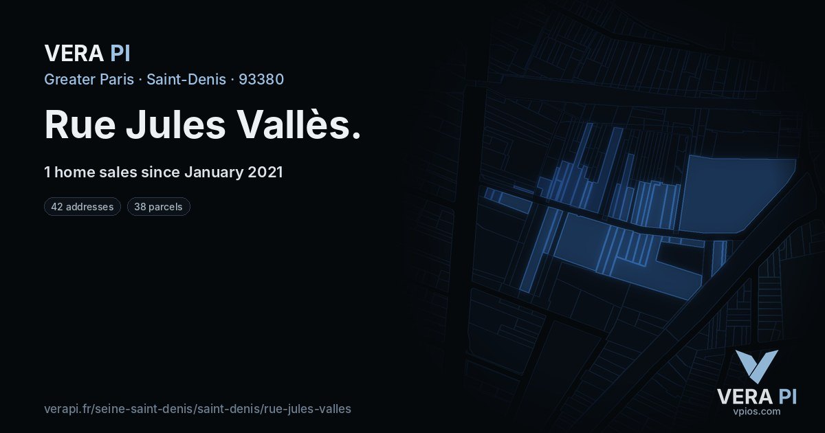 Rue Jules Vallès, Saint-Denis at night – every parcel coloured by the prices around it, the street's own parcels lit