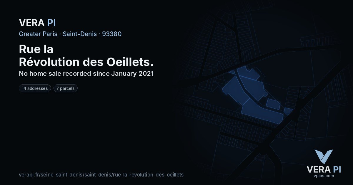 Rue la Révolution des Oeillets, Saint-Denis at night – every parcel coloured by the prices around it, the street's own parcels lit