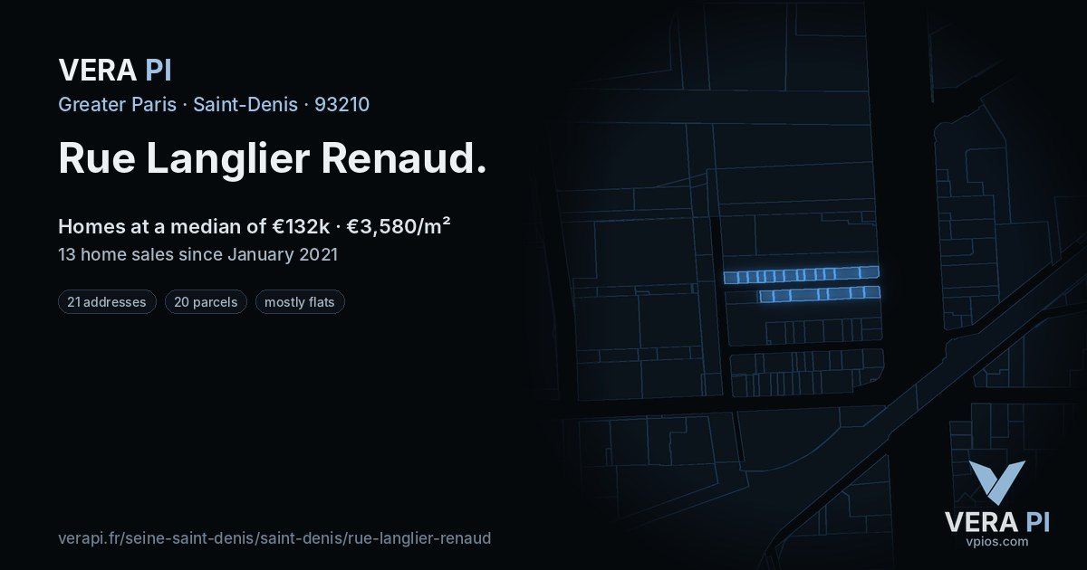 Rue Langlier Renaud, Saint-Denis at night – every parcel coloured by the prices around it, the street's own parcels lit
