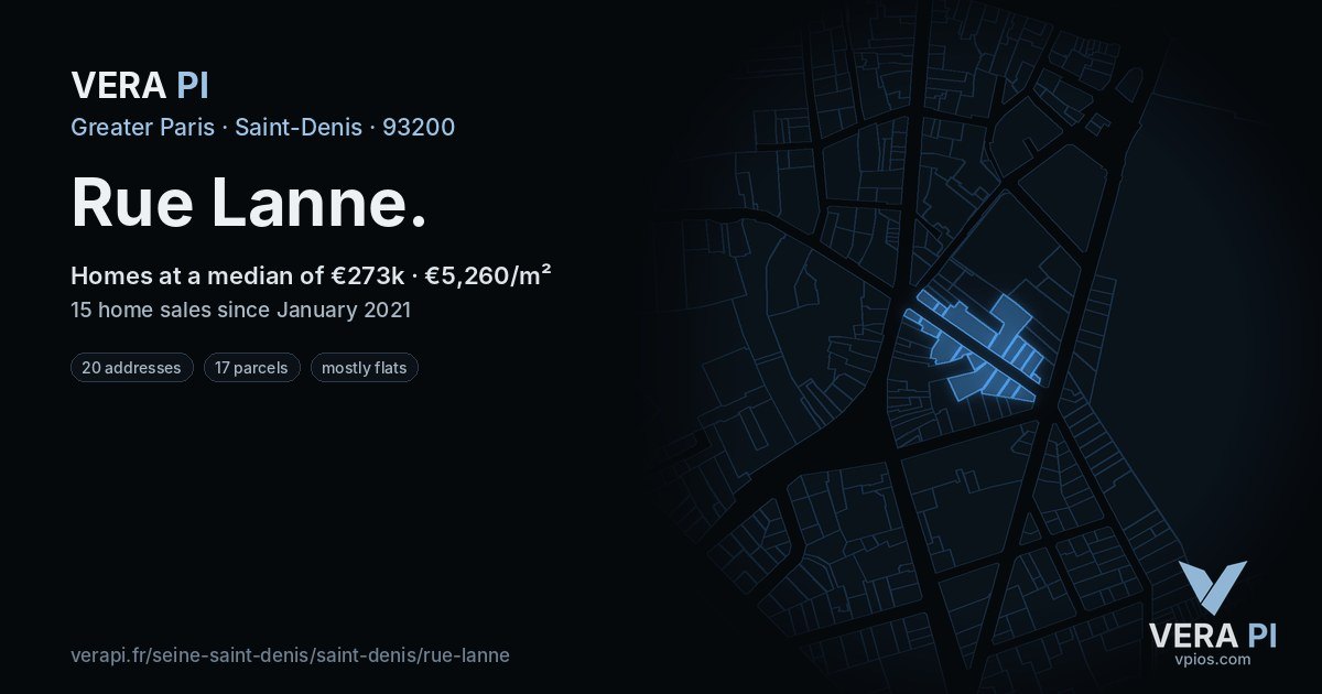 Rue Lanne, Saint-Denis at night – every parcel coloured by the prices around it, the street's own parcels lit