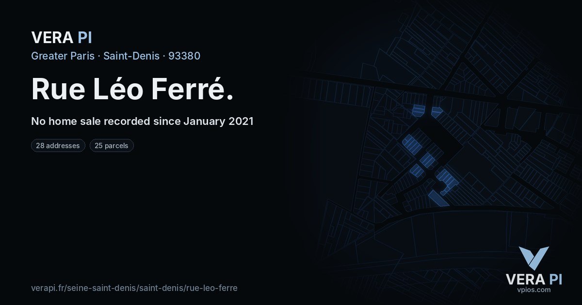 Rue Léo Ferré, Saint-Denis at night – every parcel coloured by the prices around it, the street's own parcels lit