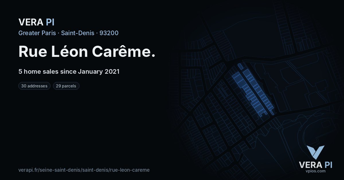 Rue Léon Carême, Saint-Denis at night – every parcel coloured by the prices around it, the street's own parcels lit