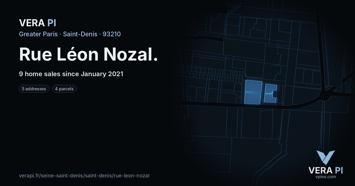 Rue Léon Nozal, Saint-Denis at night – every parcel coloured by the prices around it, the street's own parcels lit