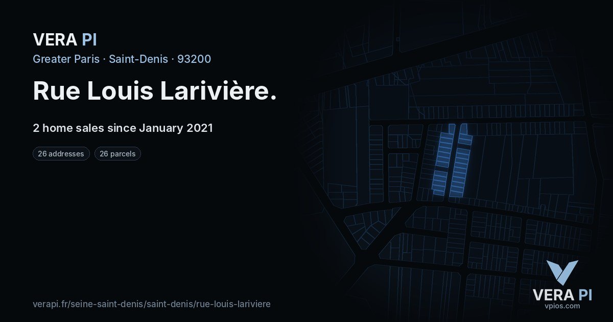 Rue Louis Larivière, Saint-Denis at night – every parcel coloured by the prices around it, the street's own parcels lit