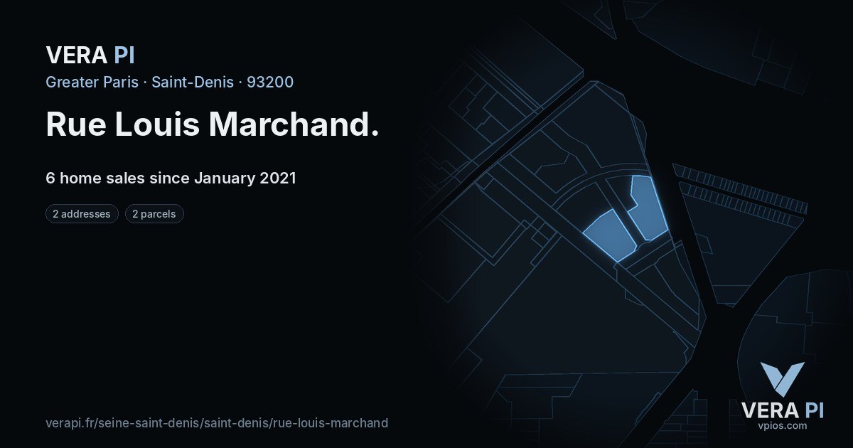 Rue Louis Marchand, Saint-Denis at night – every parcel coloured by the prices around it, the street's own parcels lit
