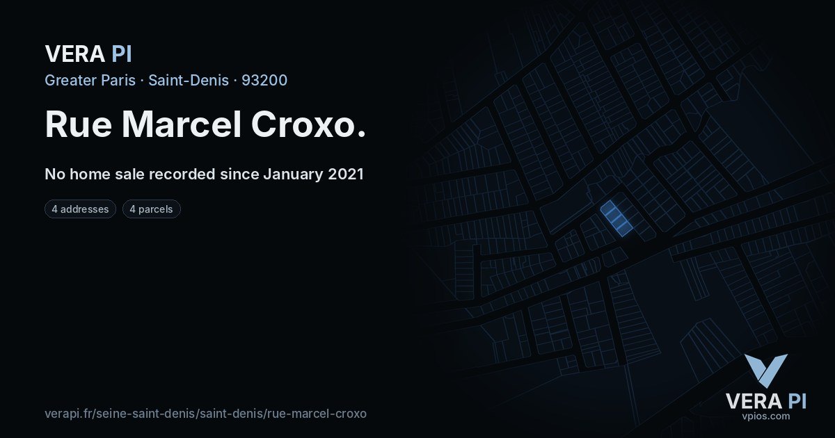 Rue Marcel Croxo, Saint-Denis at night – every parcel coloured by the prices around it, the street's own parcels lit
