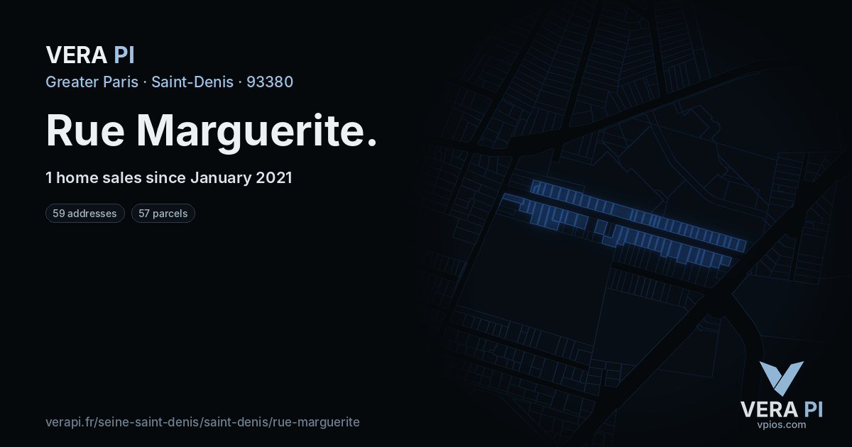 Rue Marguerite, Saint-Denis at night – every parcel coloured by the prices around it, the street's own parcels lit