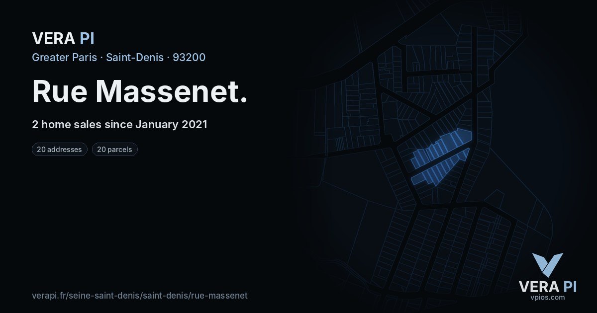 Rue Massenet, Saint-Denis at night – every parcel coloured by the prices around it, the street's own parcels lit
