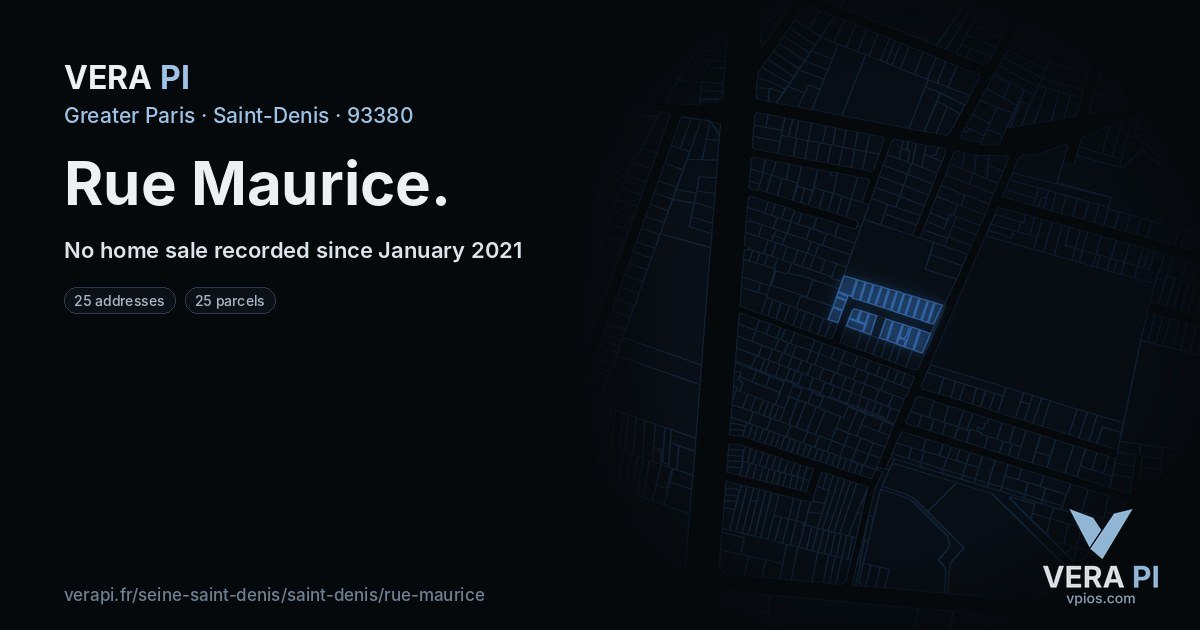Rue Maurice, Saint-Denis at night – every parcel coloured by the prices around it, the street's own parcels lit