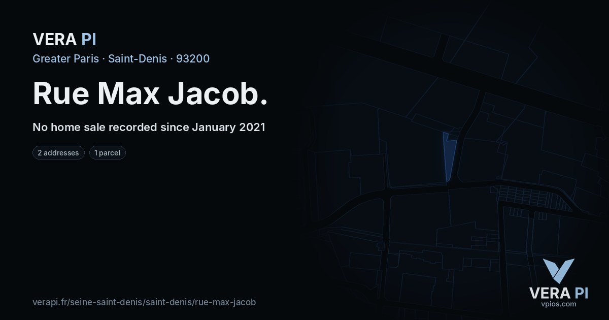 Rue Max Jacob, Saint-Denis at night – every parcel coloured by the prices around it, the street's own parcels lit