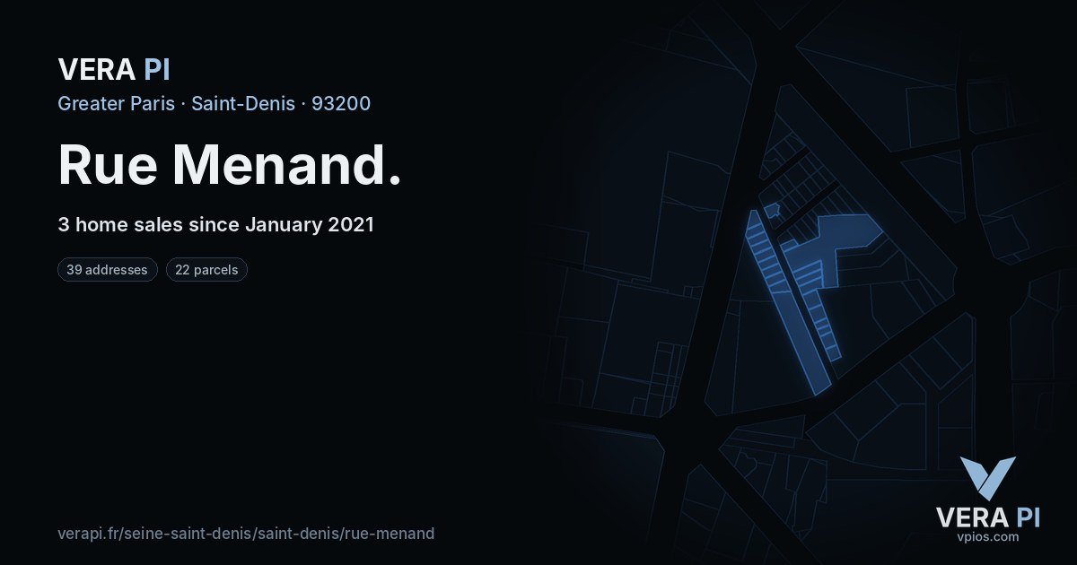Rue Menand, Saint-Denis at night – every parcel coloured by the prices around it, the street's own parcels lit