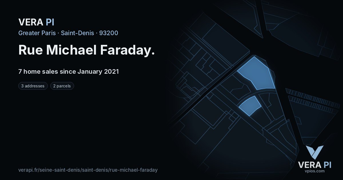 Rue Michael Faraday, Saint-Denis at night – every parcel coloured by the prices around it, the street's own parcels lit
