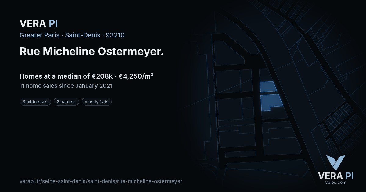 Rue Micheline Ostermeyer, Saint-Denis at night – every parcel coloured by the prices around it, the street's own parcels lit