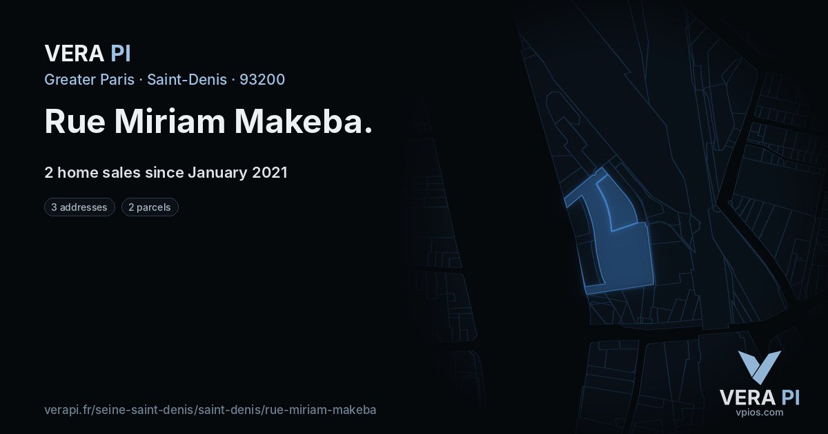 Rue Miriam Makeba, Saint-Denis at night – every parcel coloured by the prices around it, the street's own parcels lit
