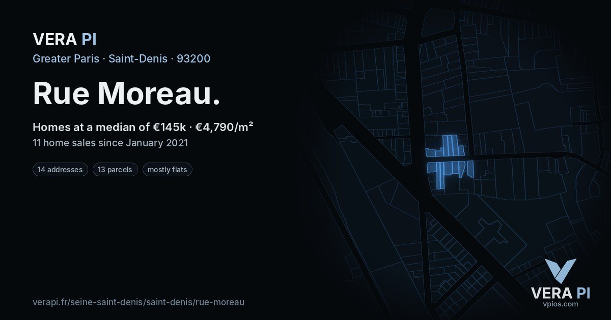 Rue Moreau, Saint-Denis at night – every parcel coloured by the prices around it, the street's own parcels lit