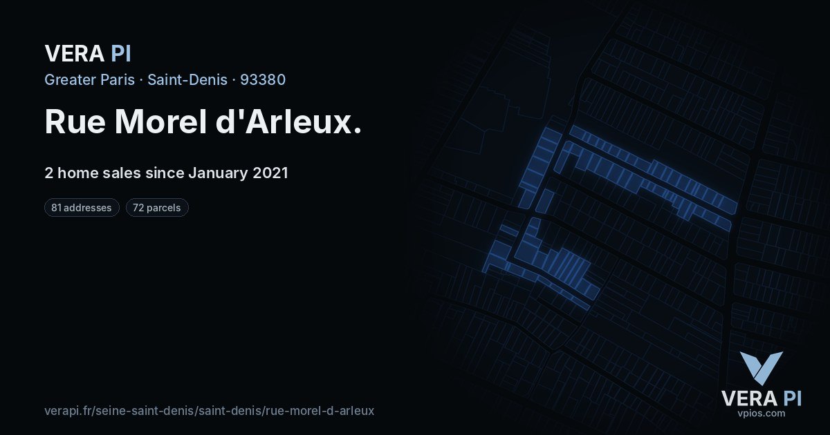 Rue Morel d'Arleux, Saint-Denis at night – every parcel coloured by the prices around it, the street's own parcels lit