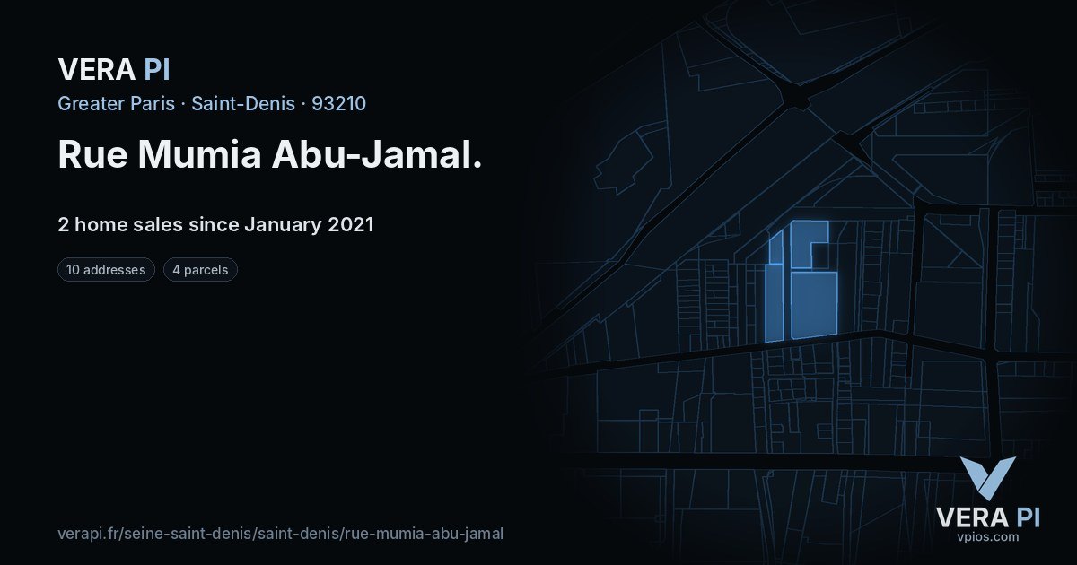 Rue Mumia Abu-Jamal, Saint-Denis at night – every parcel coloured by the prices around it, the street's own parcels lit