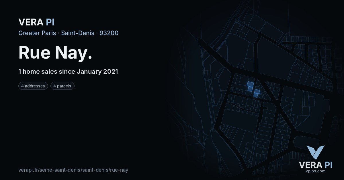 Rue Nay, Saint-Denis at night – every parcel coloured by the prices around it, the street's own parcels lit