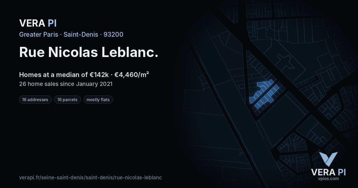 Rue Nicolas Leblanc, Saint-Denis at night – every parcel coloured by the prices around it, the street's own parcels lit