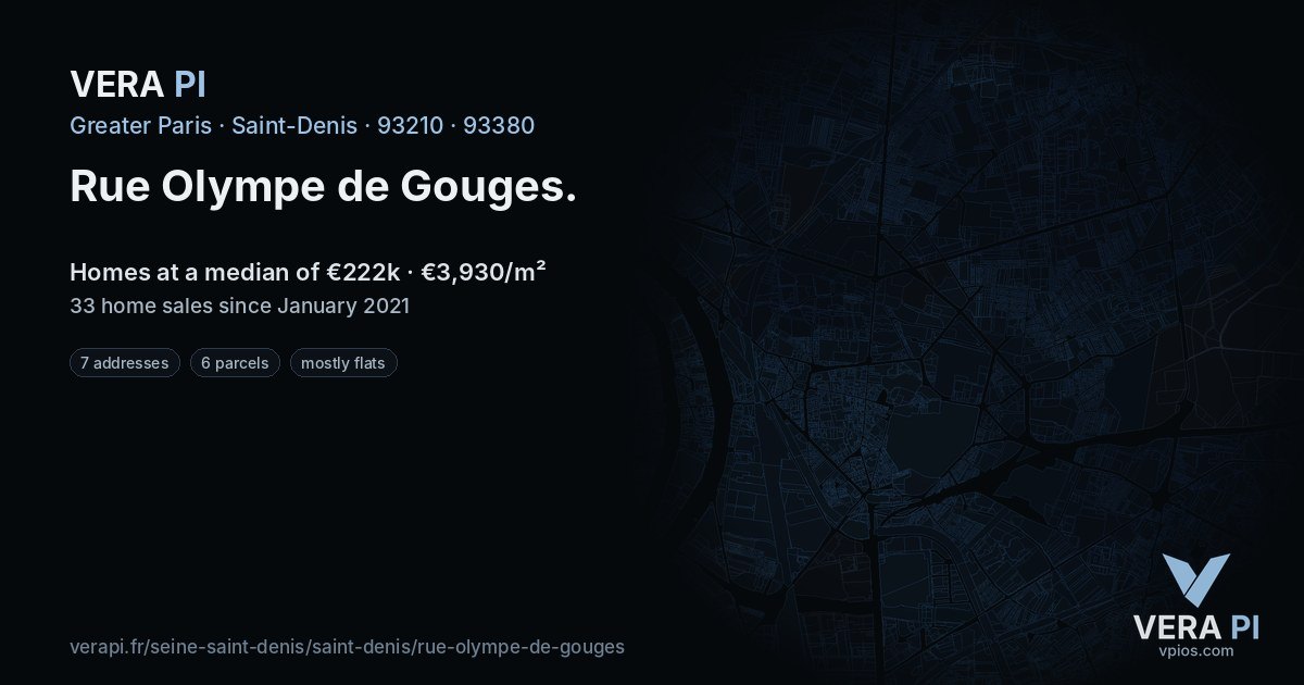 Rue Olympe de Gouges, Saint-Denis at night – every parcel coloured by the prices around it, the street's own parcels lit