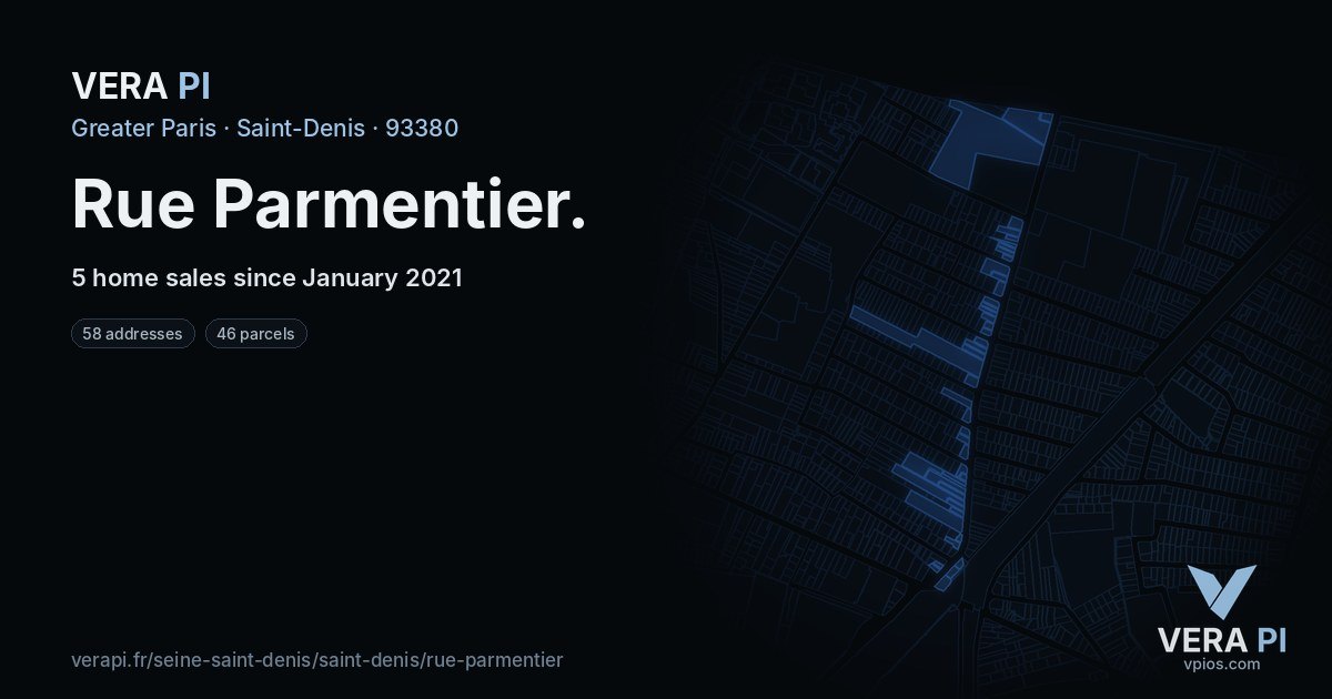 Rue Parmentier, Saint-Denis at night – every parcel coloured by the prices around it, the street's own parcels lit