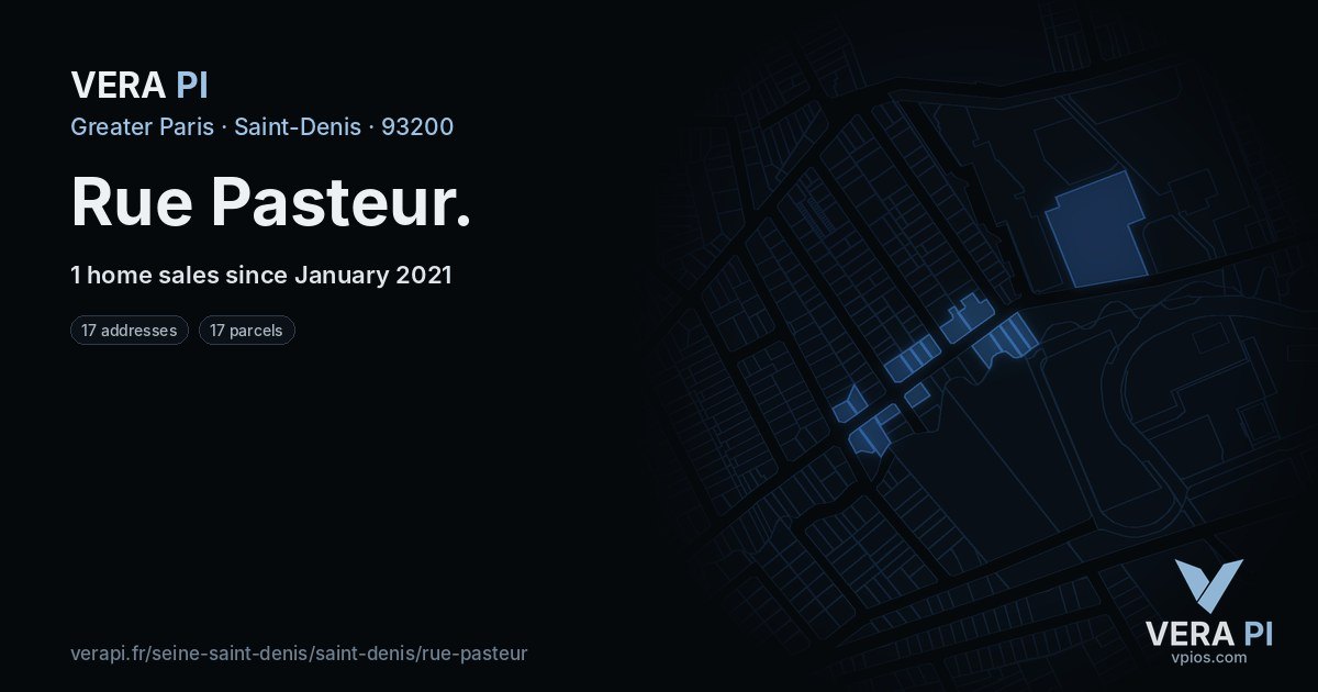 Rue Pasteur, Saint-Denis at night – every parcel coloured by the prices around it, the street's own parcels lit