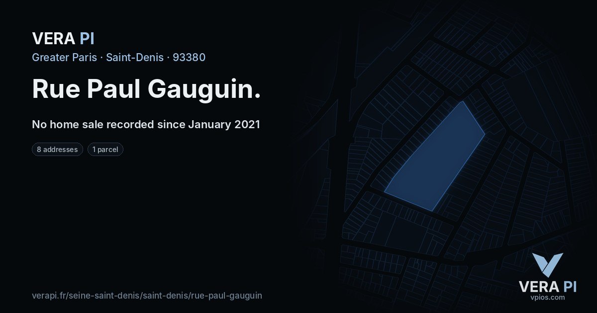 Rue Paul Gauguin, Saint-Denis at night – every parcel coloured by the prices around it, the street's own parcels lit