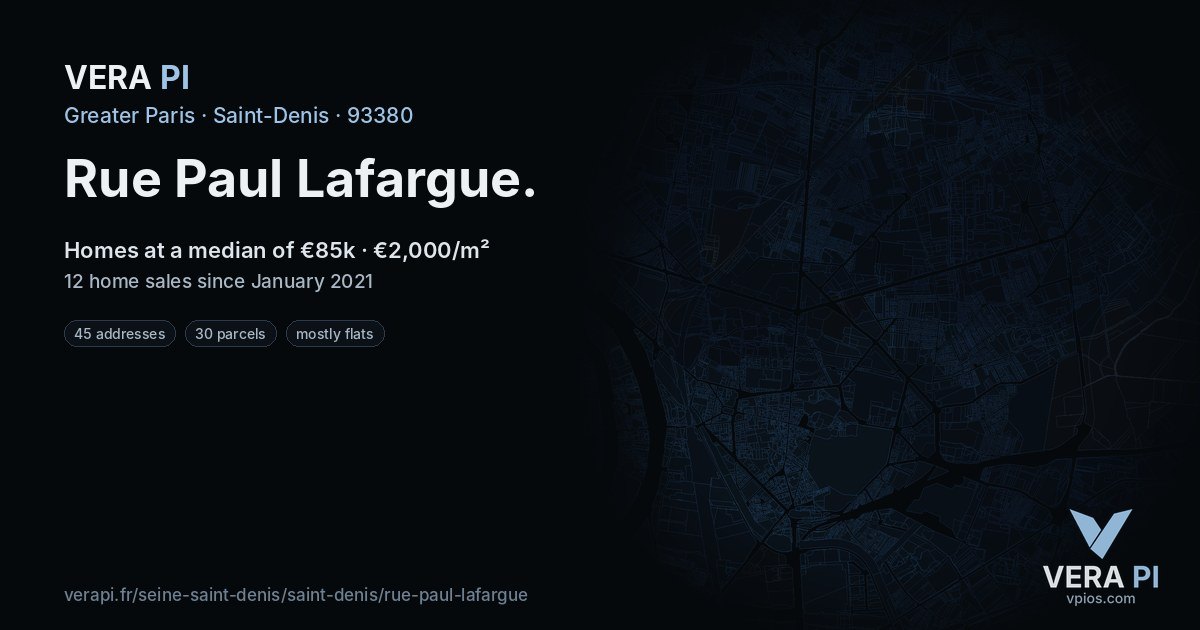 Rue Paul Lafargue, Saint-Denis at night – every parcel coloured by the prices around it, the street's own parcels lit