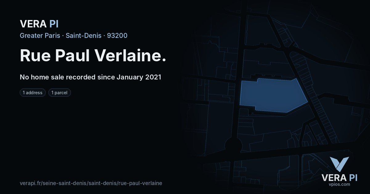 Rue Paul Verlaine, Saint-Denis at night – every parcel coloured by the prices around it, the street's own parcels lit