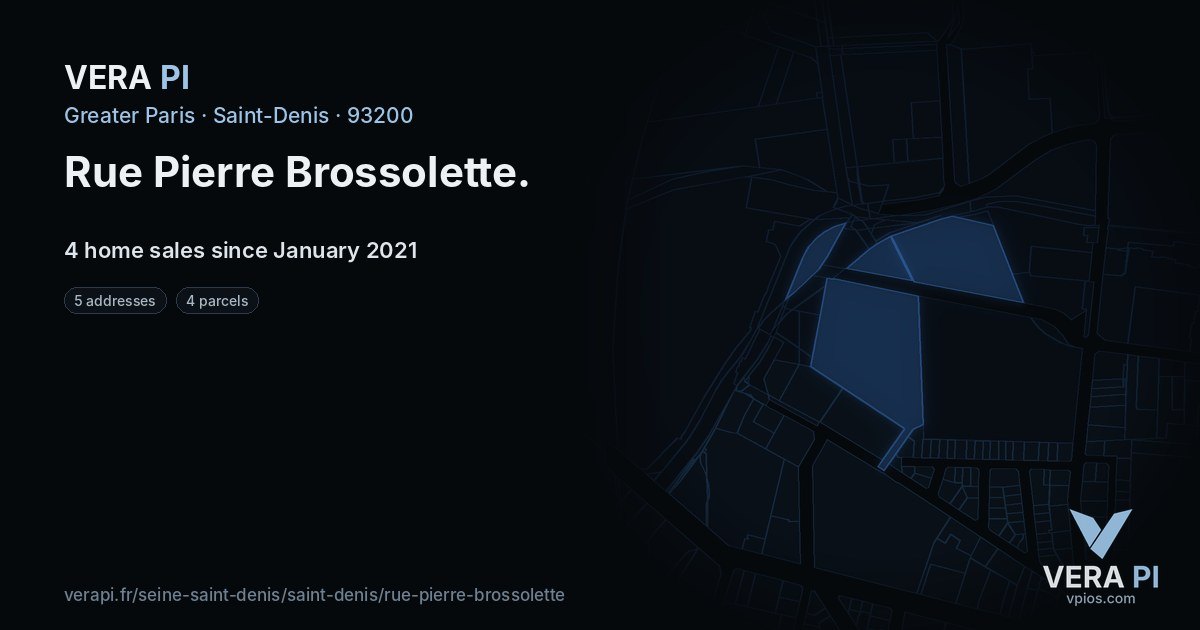 Rue Pierre Brossolette, Saint-Denis at night – every parcel coloured by the prices around it, the street's own parcels lit