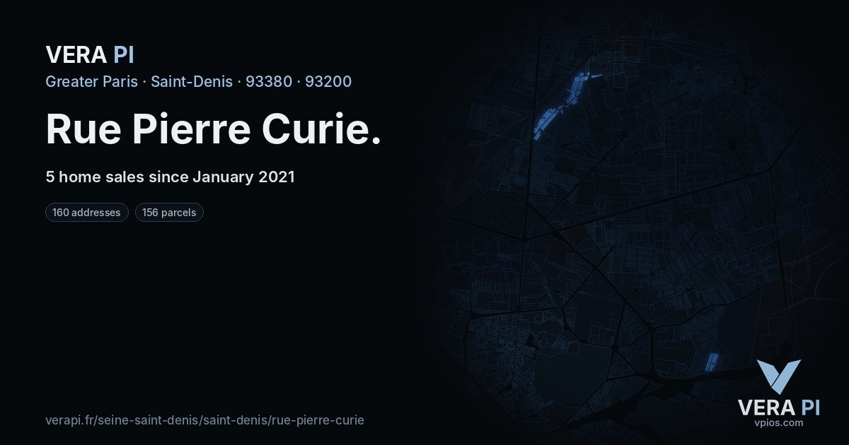 Rue Pierre Curie, Saint-Denis at night – every parcel coloured by the prices around it, the street's own parcels lit