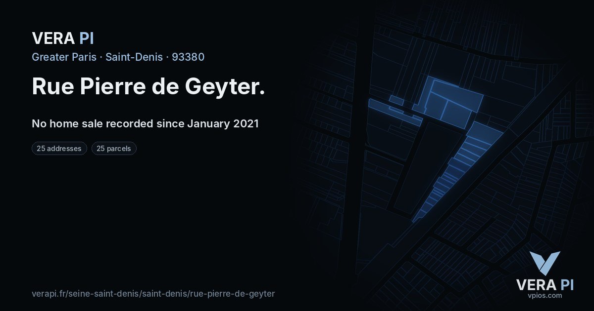 Rue Pierre de Geyter, Saint-Denis at night – every parcel coloured by the prices around it, the street's own parcels lit
