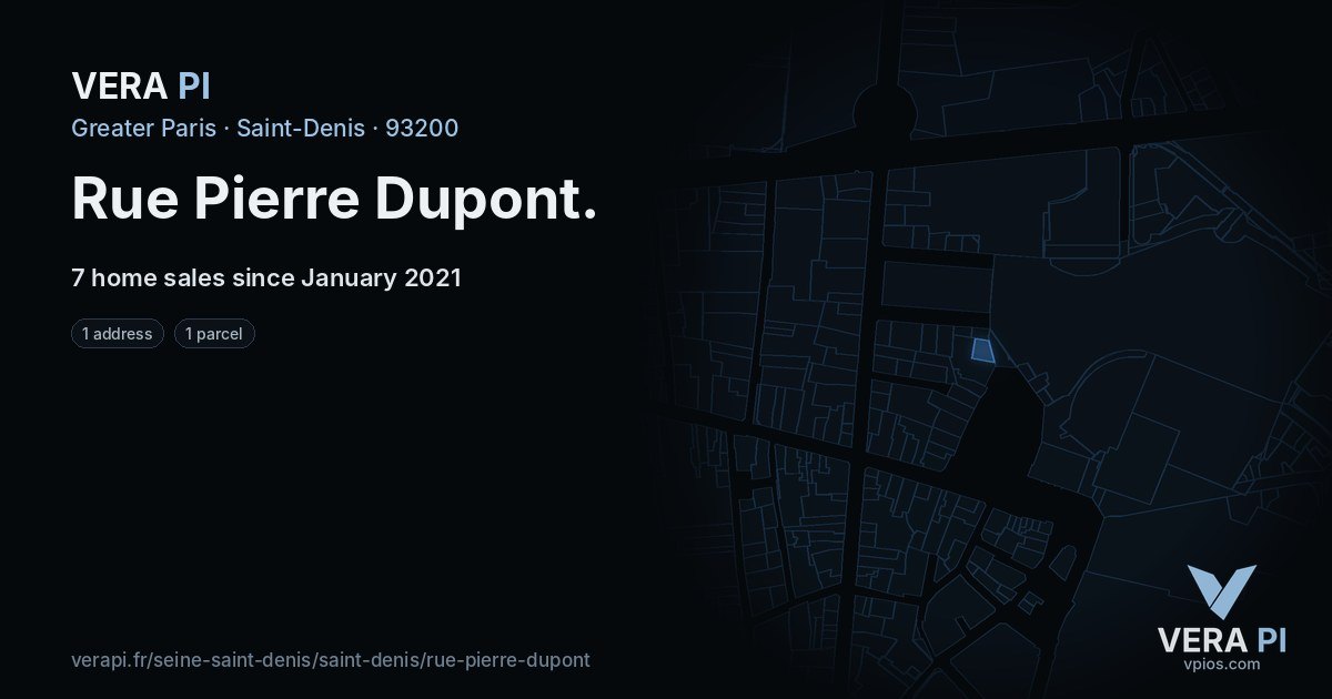 Rue Pierre Dupont, Saint-Denis at night – every parcel coloured by the prices around it, the street's own parcels lit