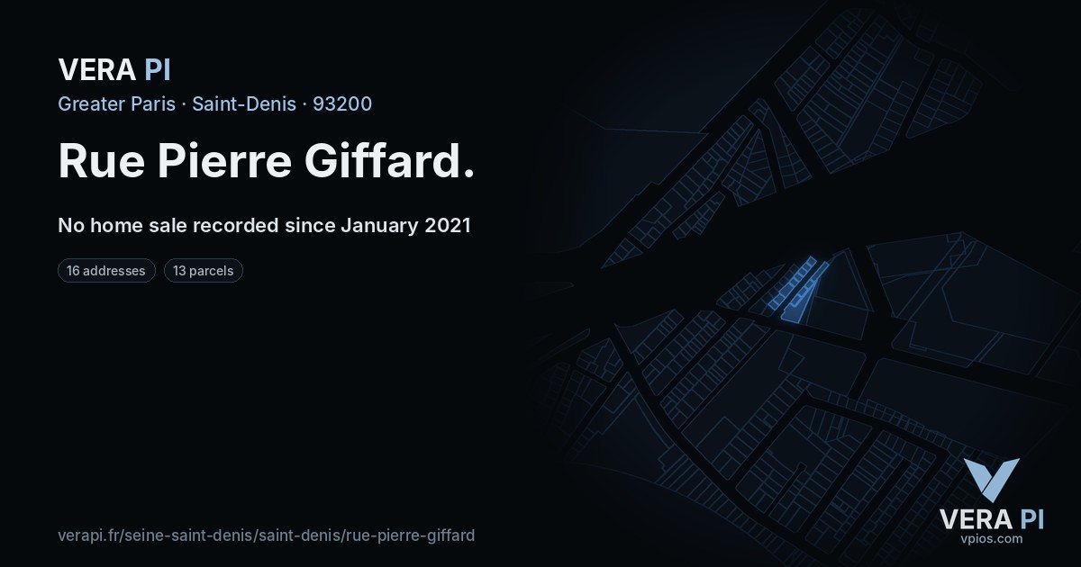 Rue Pierre Giffard, Saint-Denis at night – every parcel coloured by the prices around it, the street's own parcels lit