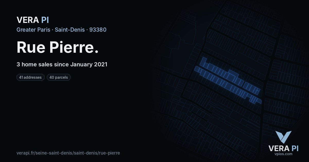 Rue Pierre, Saint-Denis at night – every parcel coloured by the prices around it, the street's own parcels lit