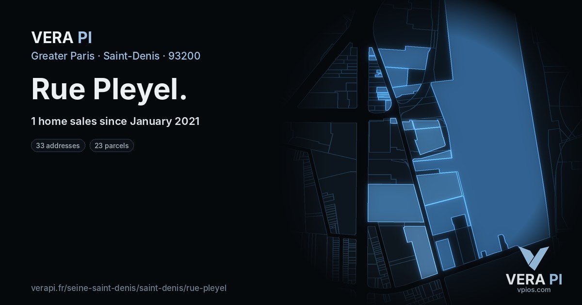 Rue Pleyel, Saint-Denis at night – every parcel coloured by the prices around it, the street's own parcels lit