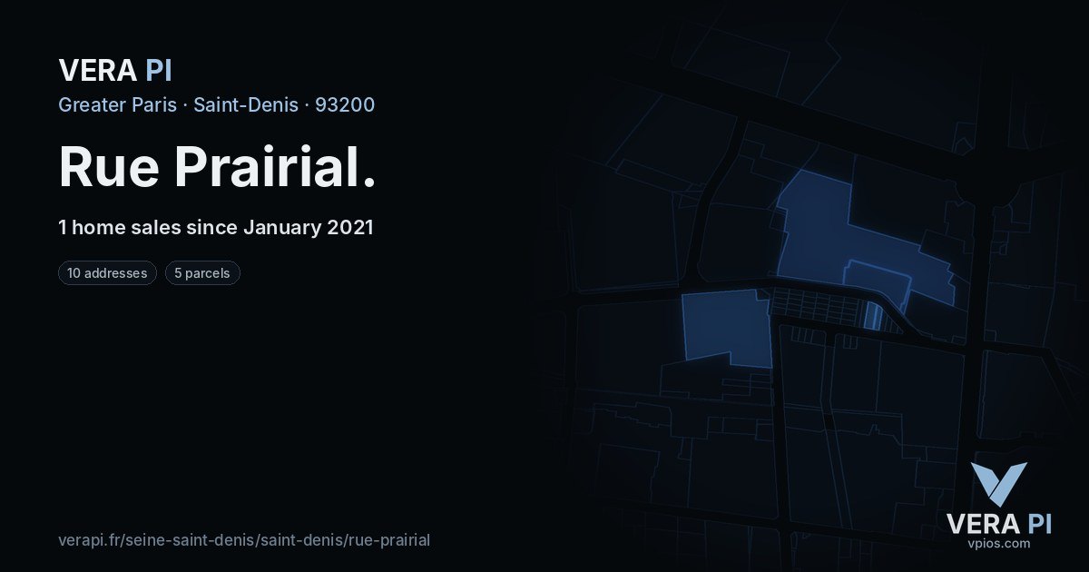 Rue Prairial, Saint-Denis at night – every parcel coloured by the prices around it, the street's own parcels lit