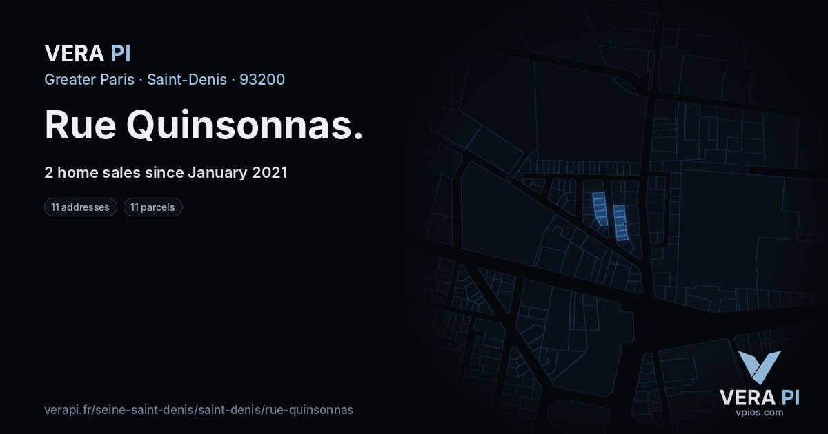 Rue Quinsonnas, Saint-Denis at night – every parcel coloured by the prices around it, the street's own parcels lit