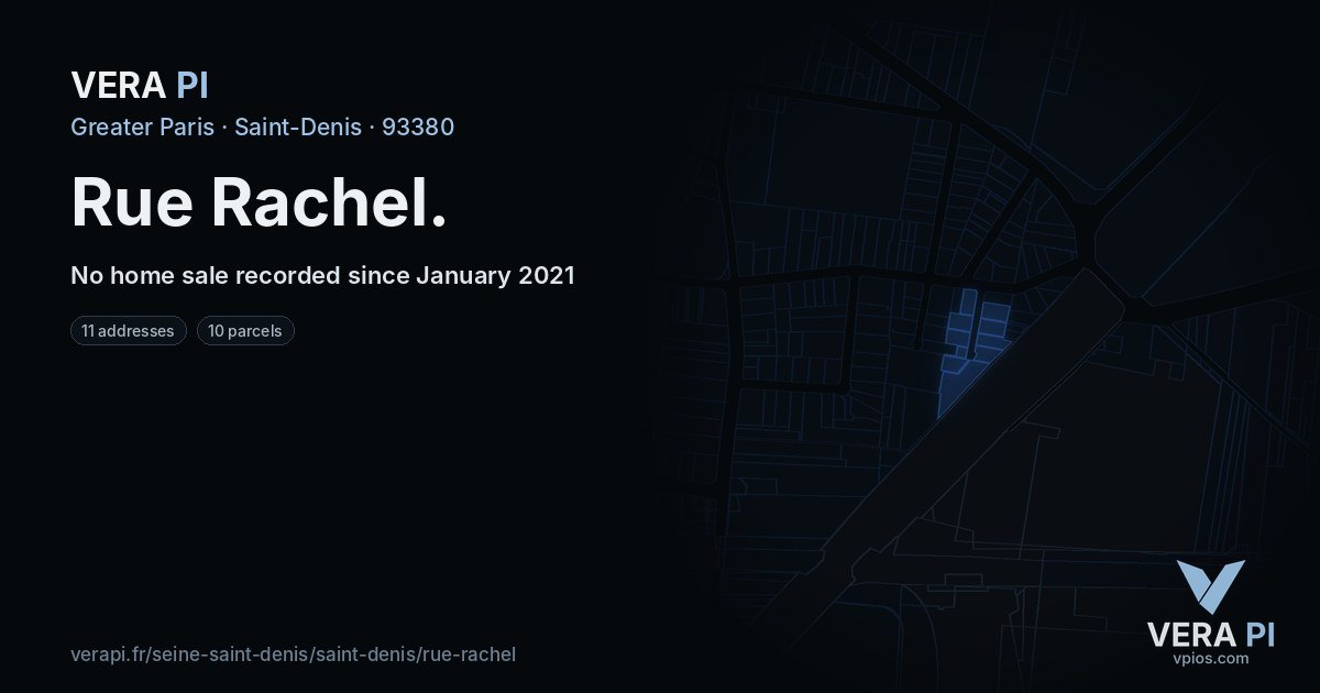 Rue Rachel, Saint-Denis at night – every parcel coloured by the prices around it, the street's own parcels lit