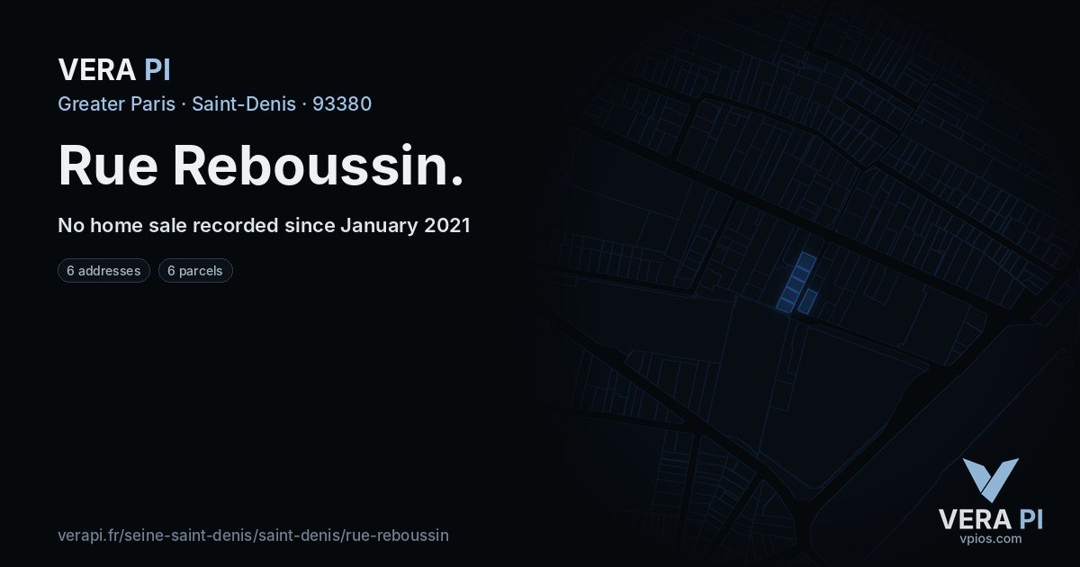 Rue Reboussin, Saint-Denis at night – every parcel coloured by the prices around it, the street's own parcels lit