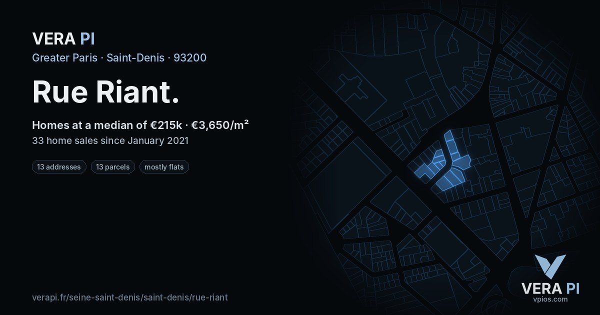 Rue Riant, Saint-Denis at night – every parcel coloured by the prices around it, the street's own parcels lit