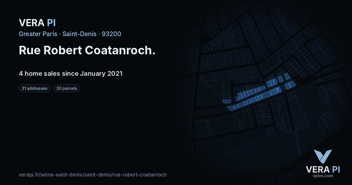 Rue Robert Coatanroch, Saint-Denis at night – every parcel coloured by the prices around it, the street's own parcels lit